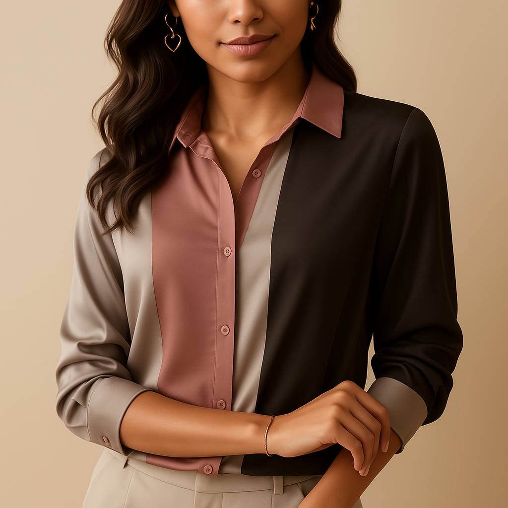 Women's Satin Blouse Patchwork Stripe With Collar