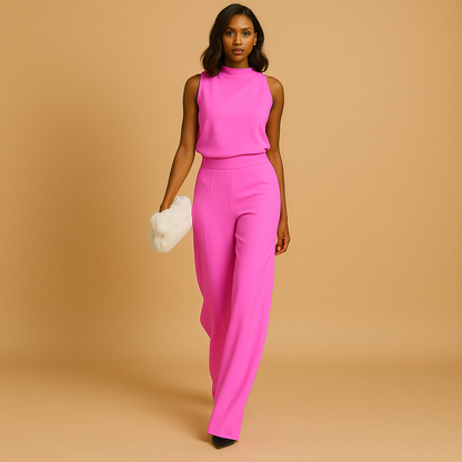 Elegant sleeveless halter jumpsuit for women with wide legs, decorative bow, and flattering high waist, ideal for parties, dinners, and summer occasions.