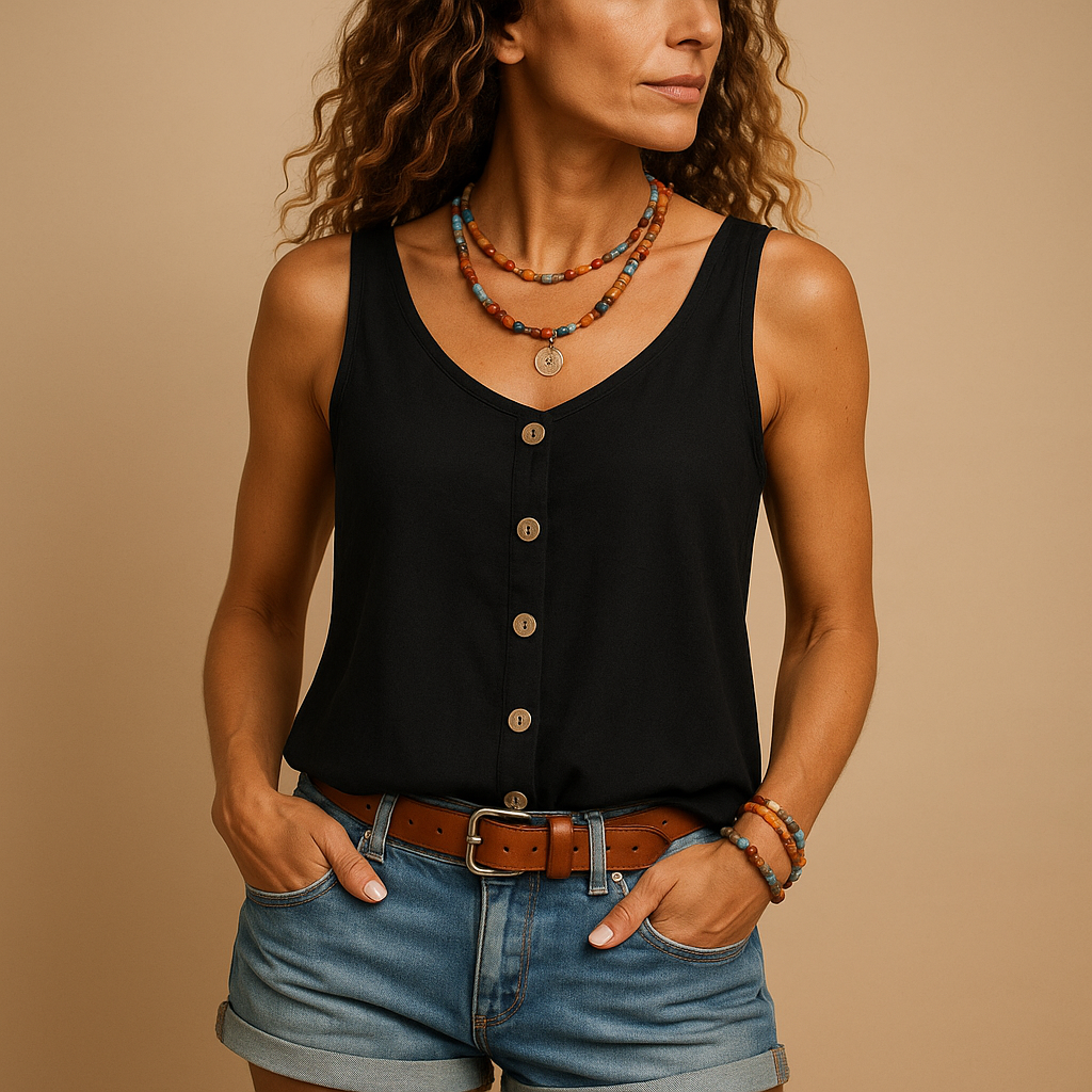 Sleeveless V-neck top for women with a relaxed fit and practical pockets, available in vibrant colors, perfect for casual summer outfits.