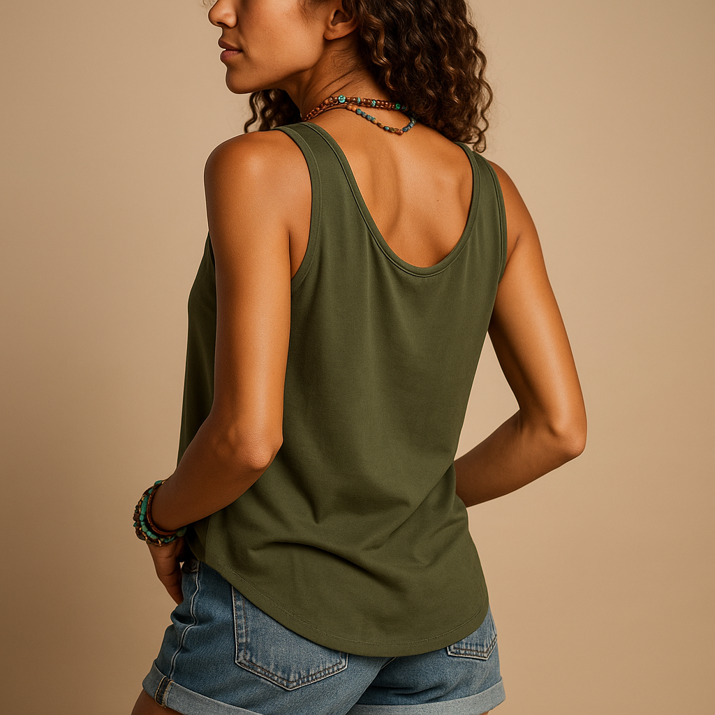 Sleeveless V-neck top for women with a relaxed fit and practical pockets, available in vibrant colors, perfect for casual summer outfits.