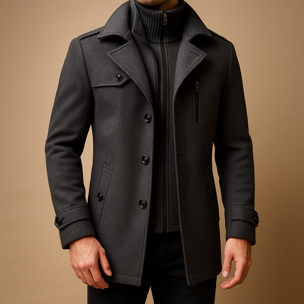 Men’s slim fit winter coat with tailored design and practical pockets, suitable for cold days, workwear, and formal occasions.