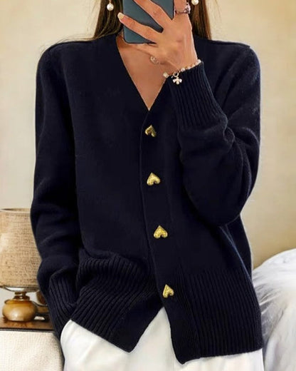 Women's V-Neck Cardigan Heart Button