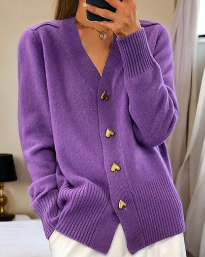 Women's V-Neck Cardigan Heart Button