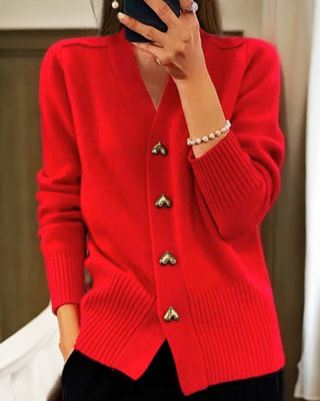 Women's V-Neck Cardigan Heart Button
