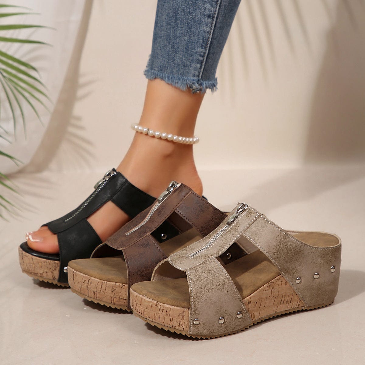 Women’s Comfort Wedge Sandals with Front Zipper