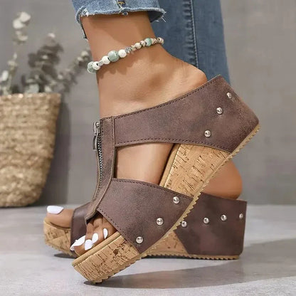Women’s Comfort Wedge Sandals with Front Zipper