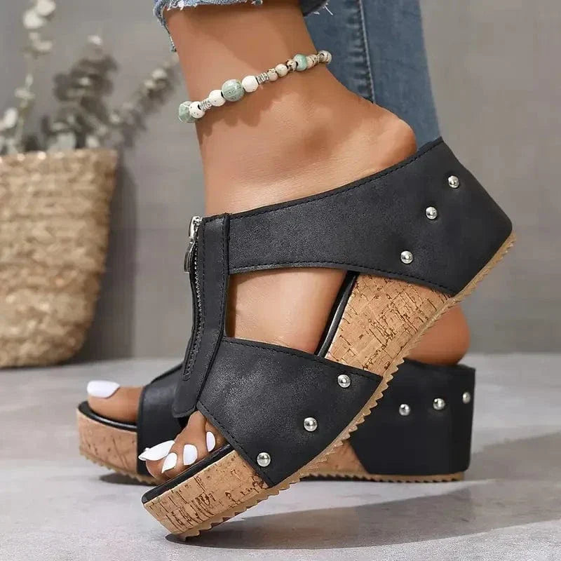 Women’s Comfort Wedge Sandals with Front Zipper