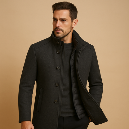 Men’s tailored winter coat with mandarin collar and single-breasted design, suitable for formal occasions and everyday wear in colder weather.