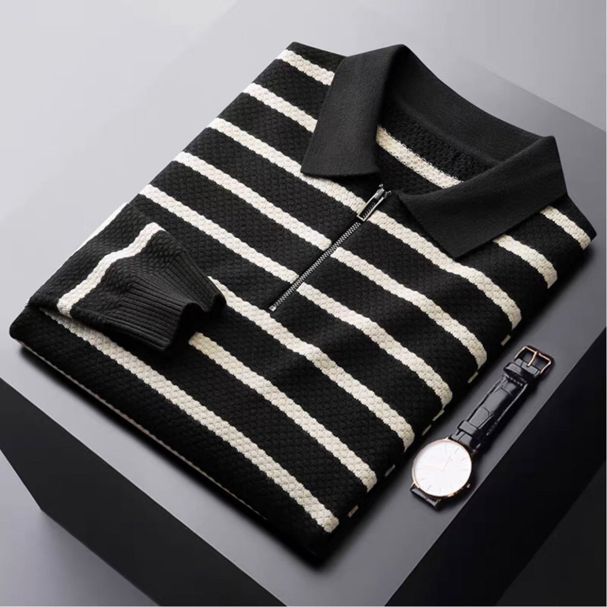 Men's Striped Polo Shirt Zip Front