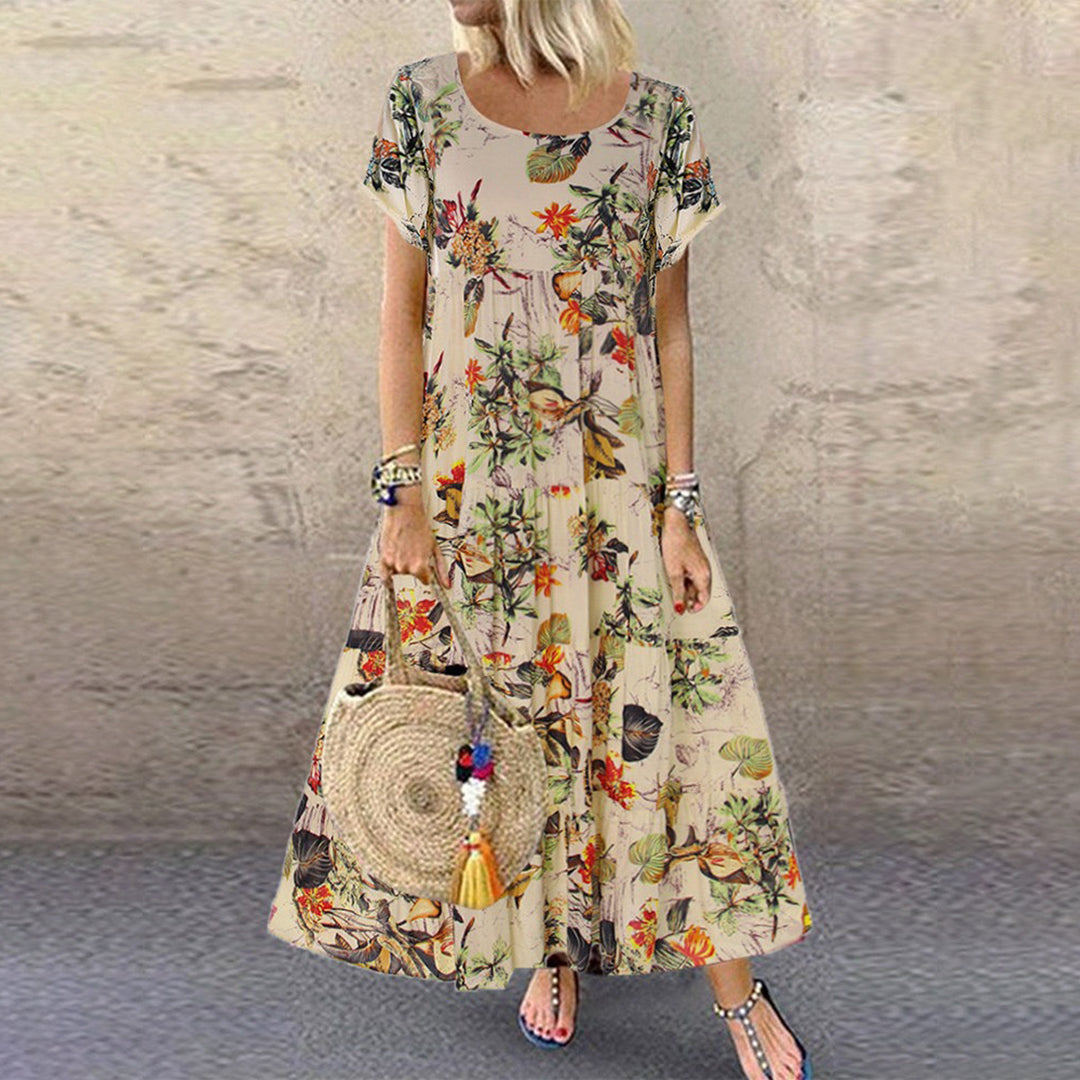 Women's Floral A-Line Maxi Dress Short Sleeve