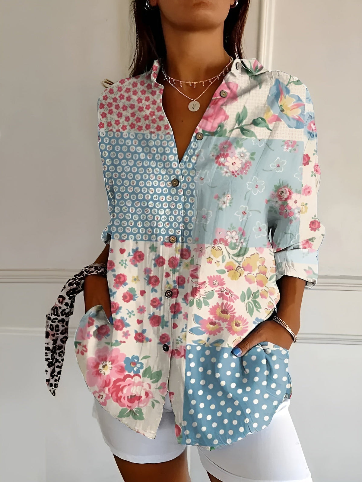 Women's Collared Blouse Printed Three-Quarter Sleeve