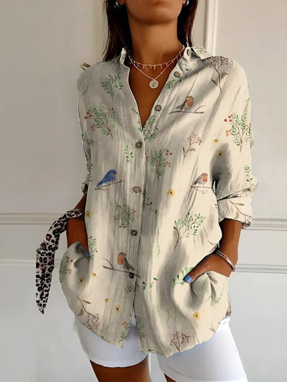 Women's Collared Blouse Printed Three-Quarter Sleeve