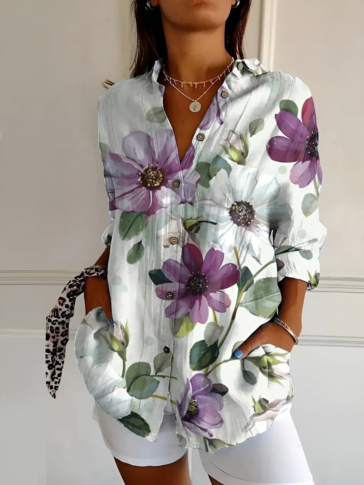 Women's Collared Blouse Printed Three-Quarter Sleeve