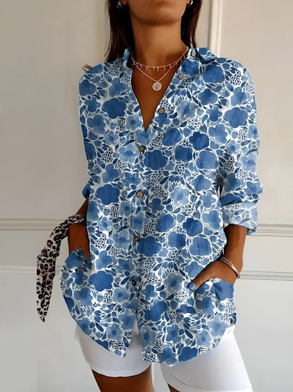 Women's Collared Blouse Printed Three-Quarter Sleeve