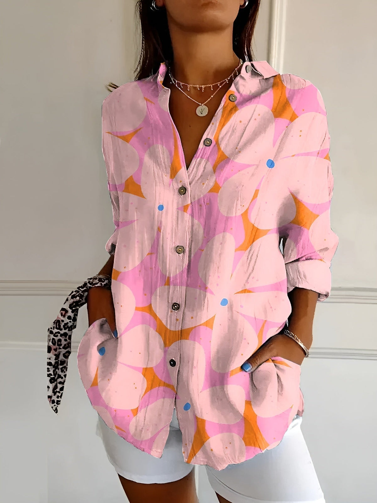 Women's Collared Blouse Printed Three-Quarter Sleeve