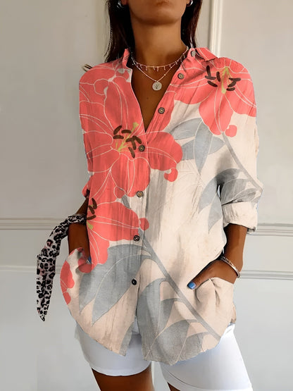 Women's Collared Blouse Printed Three-Quarter Sleeve