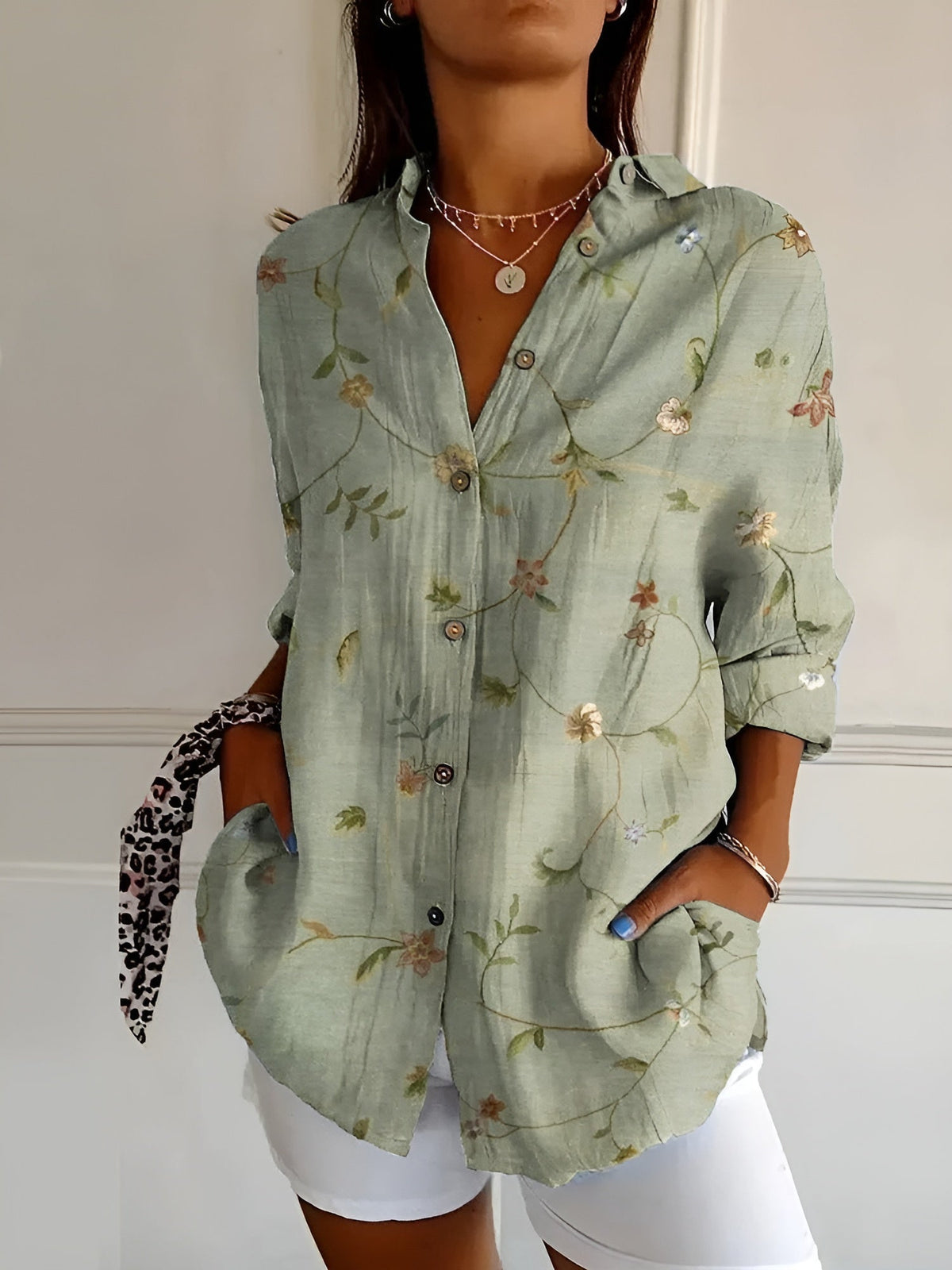 Women's Collared Blouse Printed Three-Quarter Sleeve