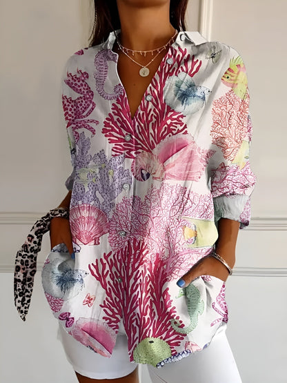 Women's Collared Blouse Printed Three-Quarter Sleeve
