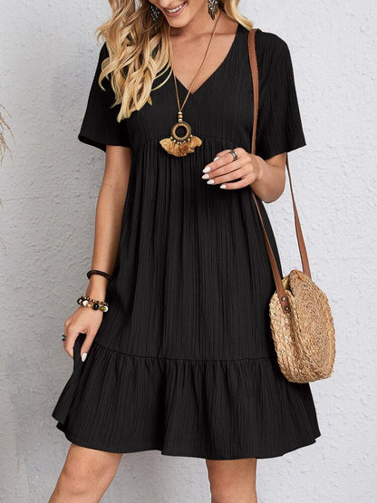 Women's V-Neck Mini Dress Short Sleeve Ruffle Hemline