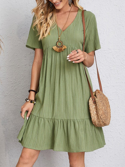 Women's V-Neck Mini Dress Short Sleeve Ruffle Hemline