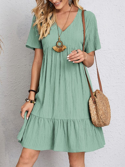 Women's V-Neck Mini Dress Short Sleeve Ruffle Hemline
