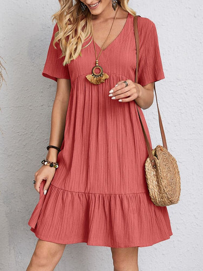 Women's V-Neck Mini Dress Short Sleeve Ruffle Hemline