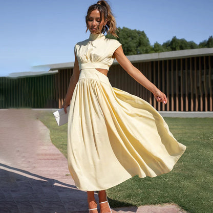 Women's High Neck Cap Sleeve Midi Dress Pleated Skirt