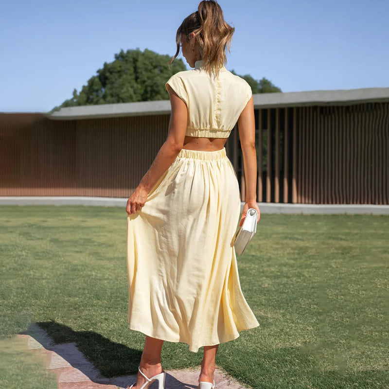 Women's High Neck Cap Sleeve Midi Dress Pleated Skirt