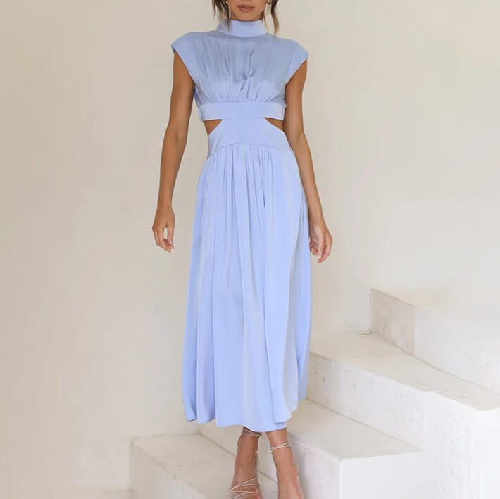 Women's High Neck Cap Sleeve Midi Dress Pleated Skirt
