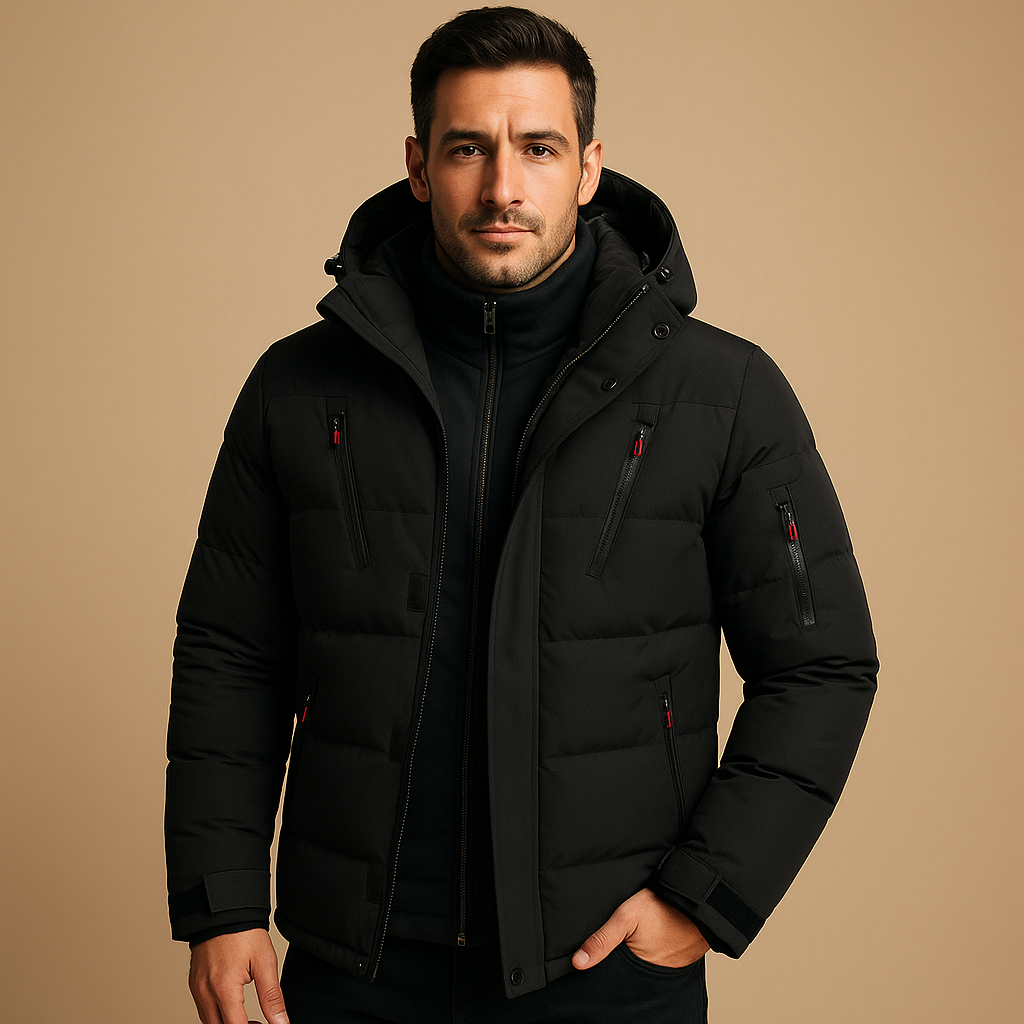 Men’s waterproof winter jacket with adjustable hood, insulating lining, and practical pockets, suitable for outdoor activities, commuting, and cold weather wear.