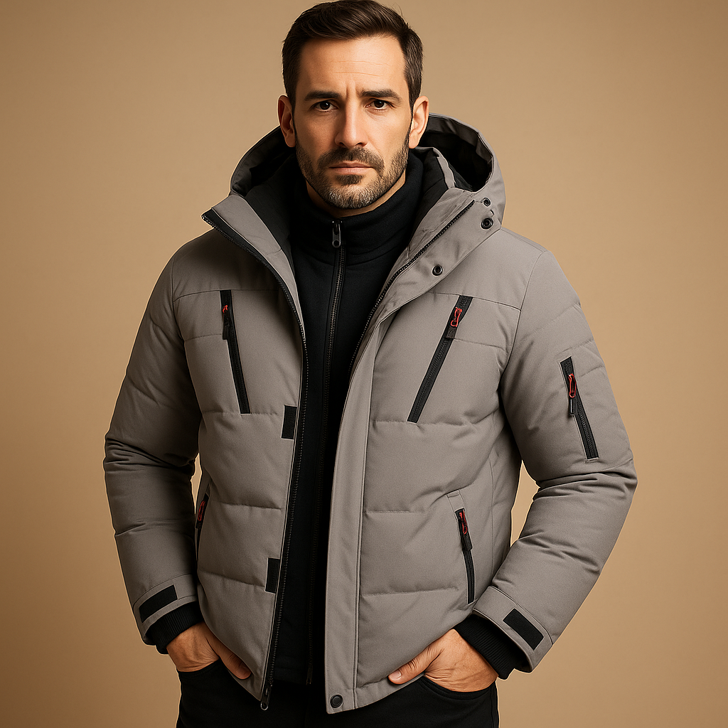 Men’s waterproof winter jacket with adjustable hood, insulating lining, and practical pockets, suitable for outdoor activities, commuting, and cold weather wear.