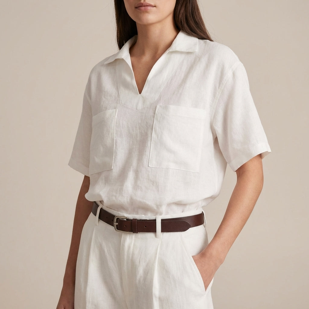 Relaxed Fit V-Neck Casual Shirt Patch Pockets