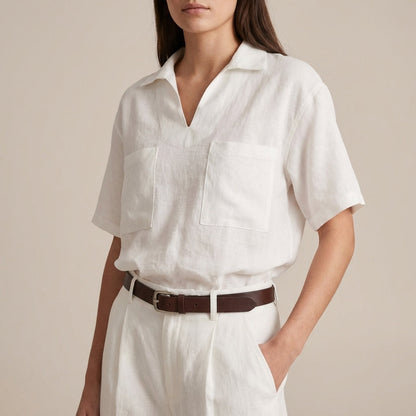 Relaxed Fit V-Neck Casual Shirt Patch Pockets