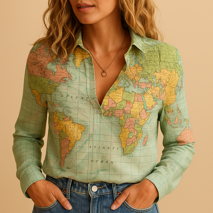 Women's World Map Print Blouse