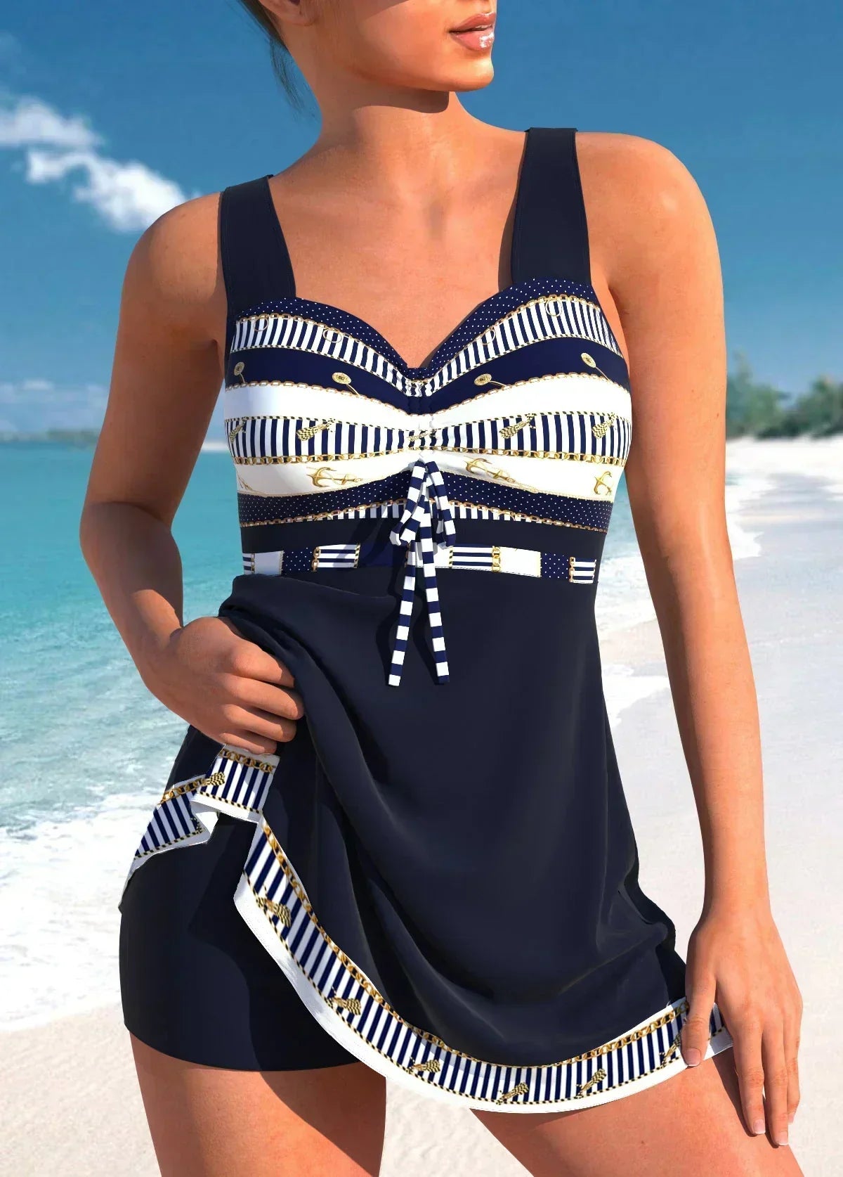 Women's Striped Swim Dress Sweetheart Neckline